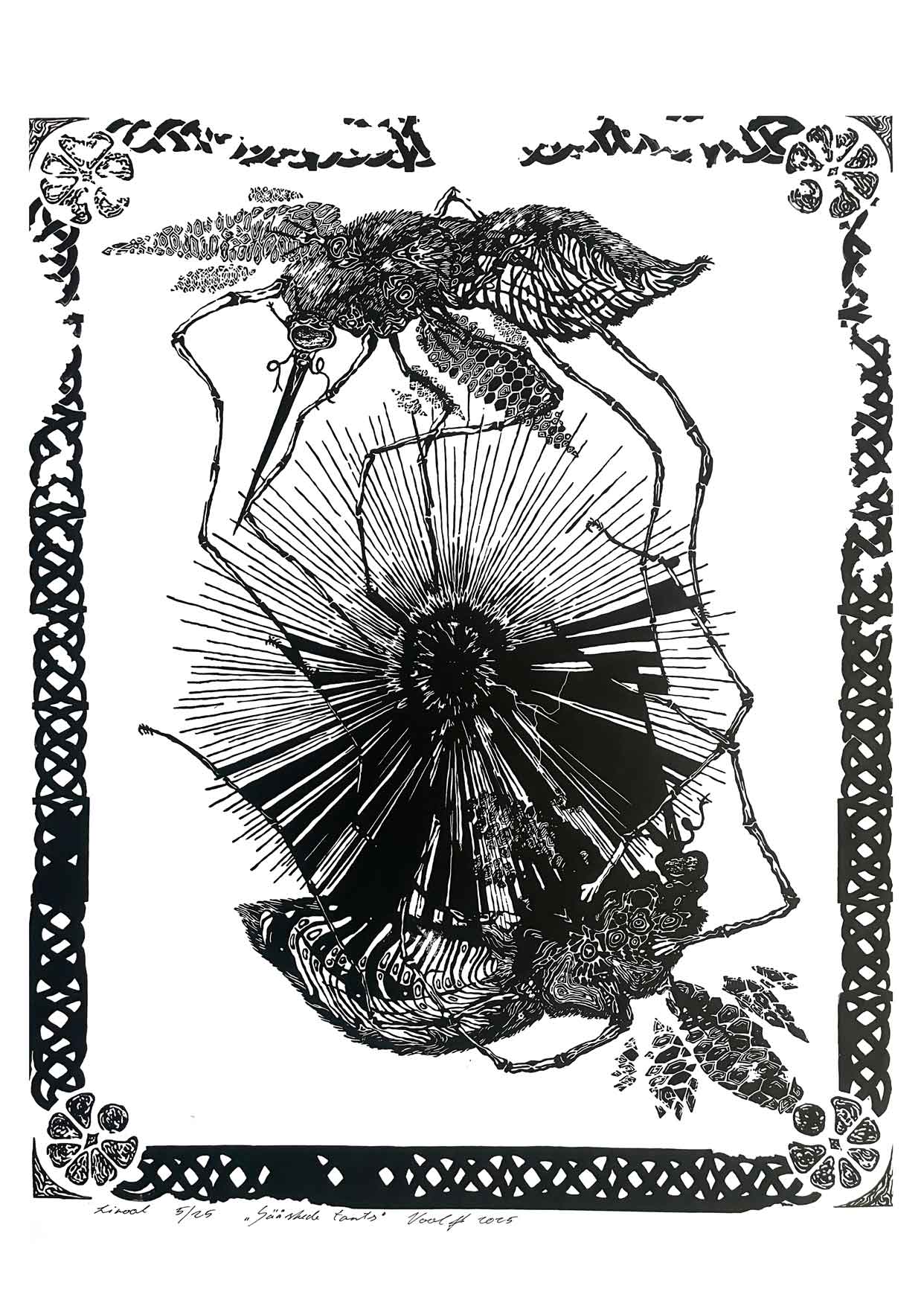 Handcarved linocut artwork print of a stylized scene of two mosquitoes flying around a flower bud with bold carved lines and high‑contrast ink. Printed on smooth high quality white paper.

