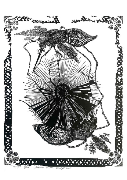 Handcarved linocut artwork print of a stylized scene of two mosquitoes flying around a flower bud with bold carved lines and high‑contrast ink. Printed on smooth high quality white paper.
