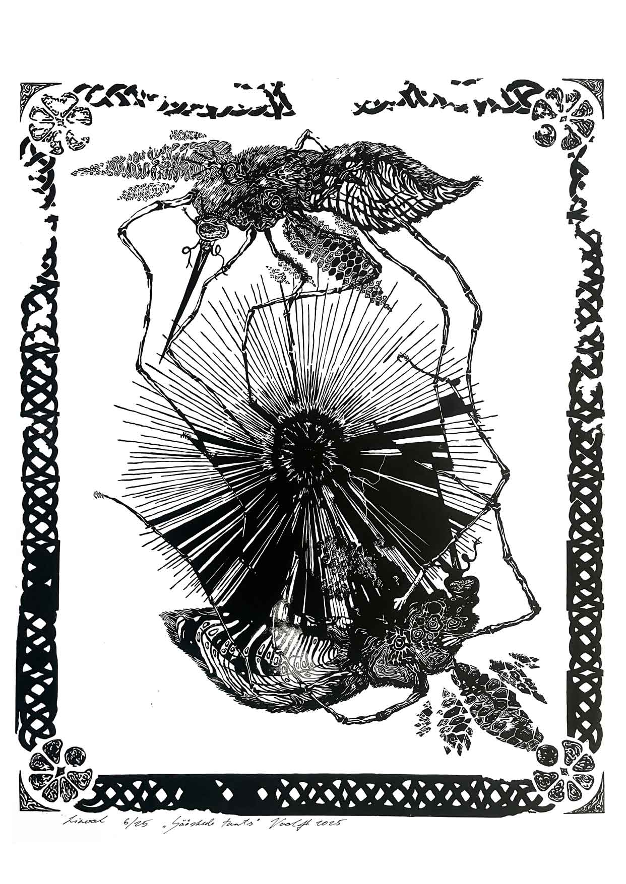 Handcarved linocut artwork print of a stylized scene of two mosquitoes flying around a flower bud with bold carved lines and high‑contrast ink. Printed on smooth high quality white paper.
