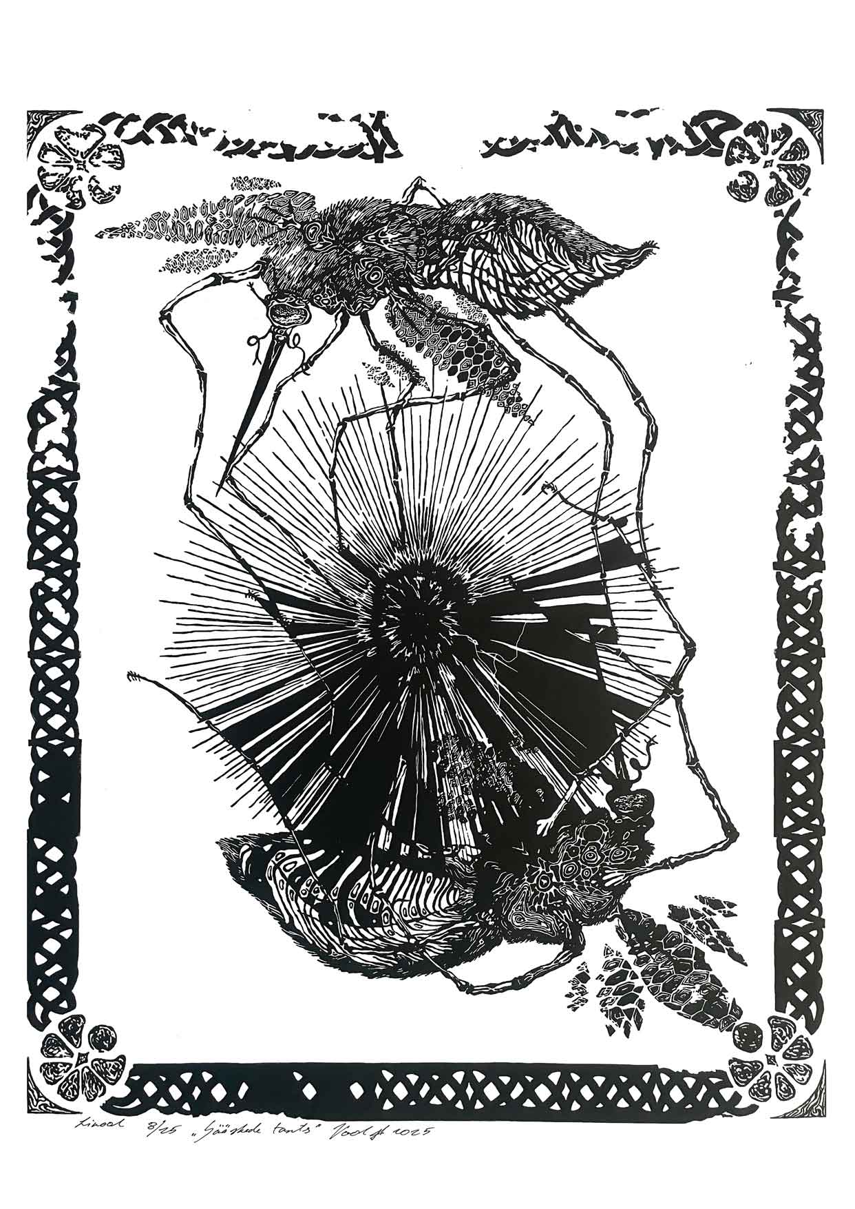 Handcarved linocut artwork print of a stylized scene of two mosquitoes flying around a flower bud with bold carved lines and high‑contrast ink. Printed on smooth high quality white paper.
