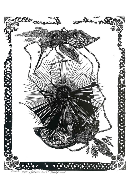 Handcarved linocut artwork print of a stylized scene of two mosquitoes flying around a flower bud with bold carved lines and high‑contrast ink. Printed on smooth high quality white paper.
