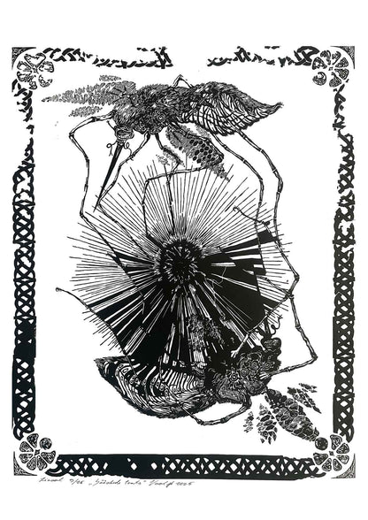 Handcarved linocut artwork print of a stylized scene of two mosquitoes flying around a flower bud with bold carved lines and high‑contrast ink. Printed on smooth high quality white paper.
