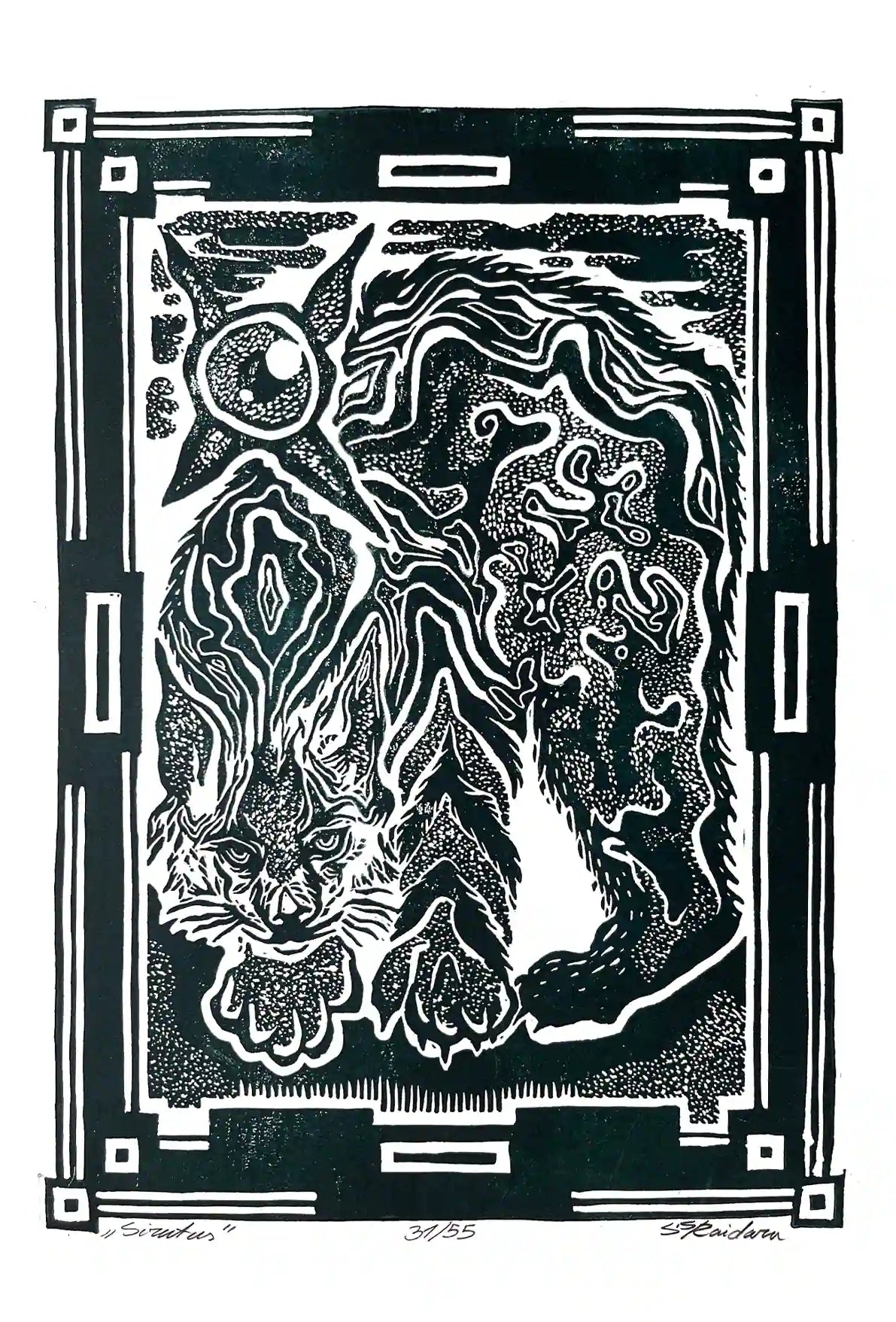 Black and white linocut print of a lynx with decorative border 