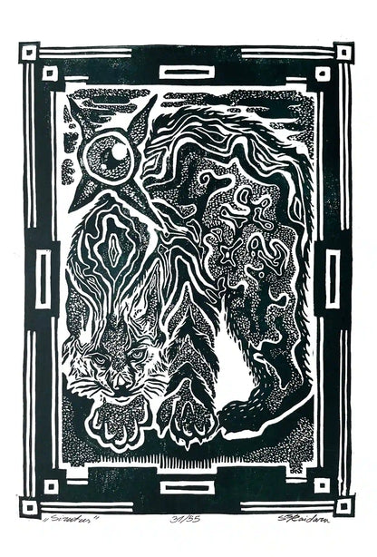 Black and white linocut print of a lynx with decorative border 