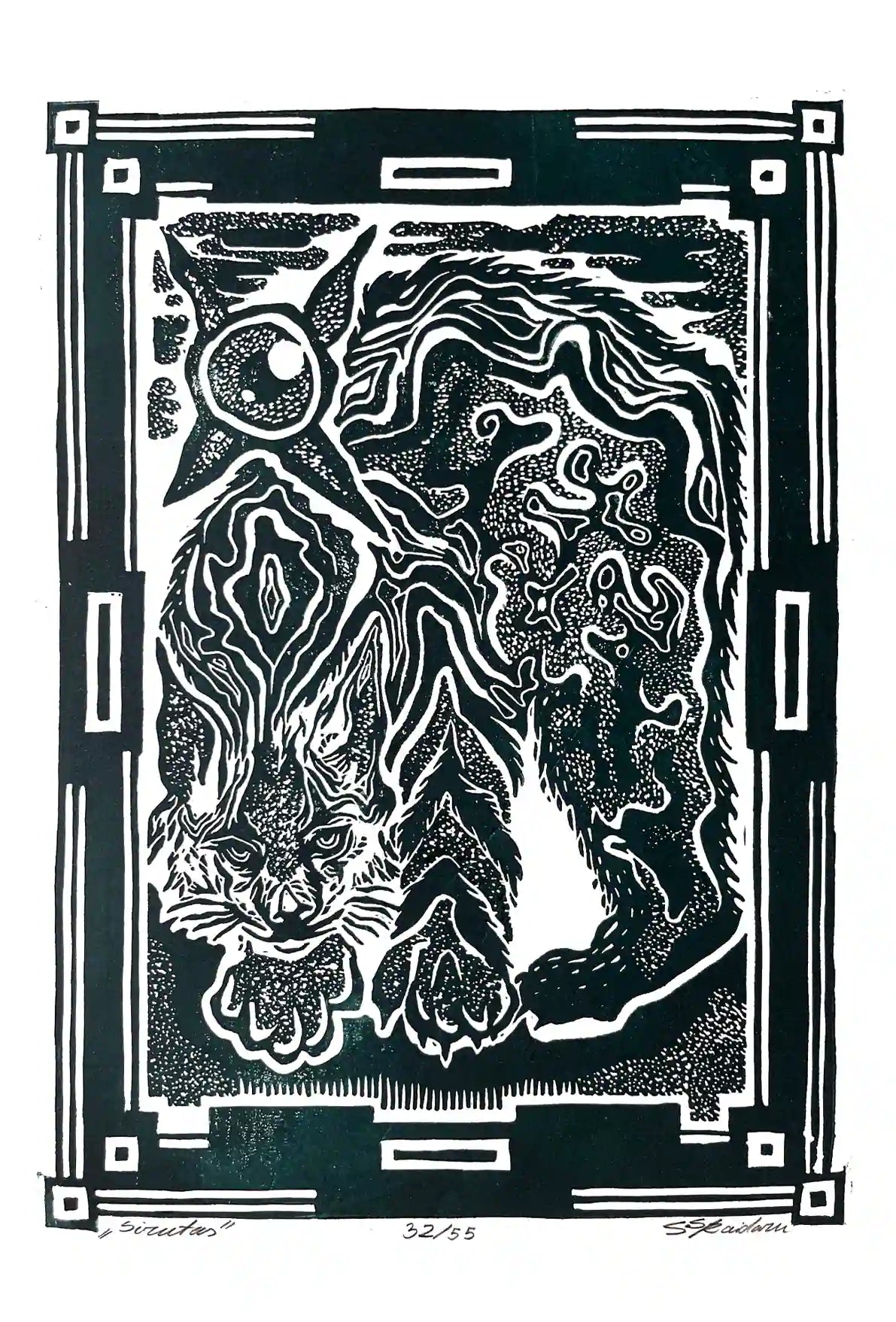Black and white linocut print of a lynx with decorative border 