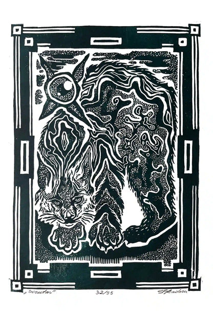 Black and white linocut print of a lynx with decorative border 