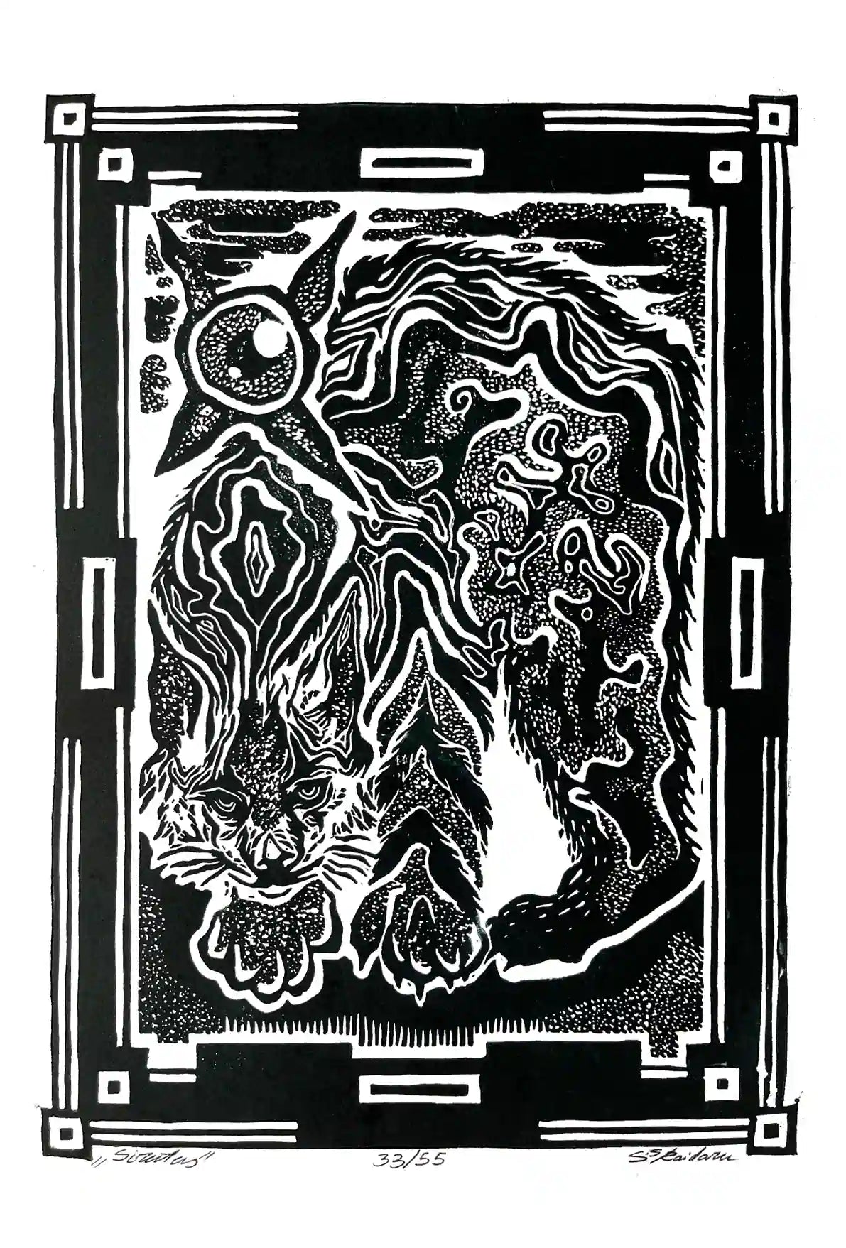 Black and white linocut print of a lynx with decorative border 