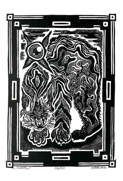Black and white linocut print of a lynx with decorative border 