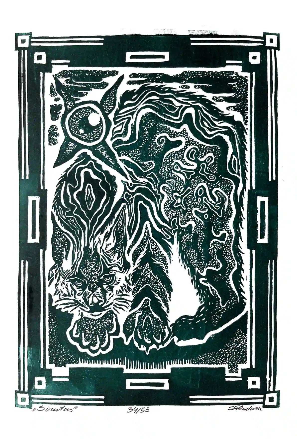 Black and white linocut print of a lynx with decorative border 