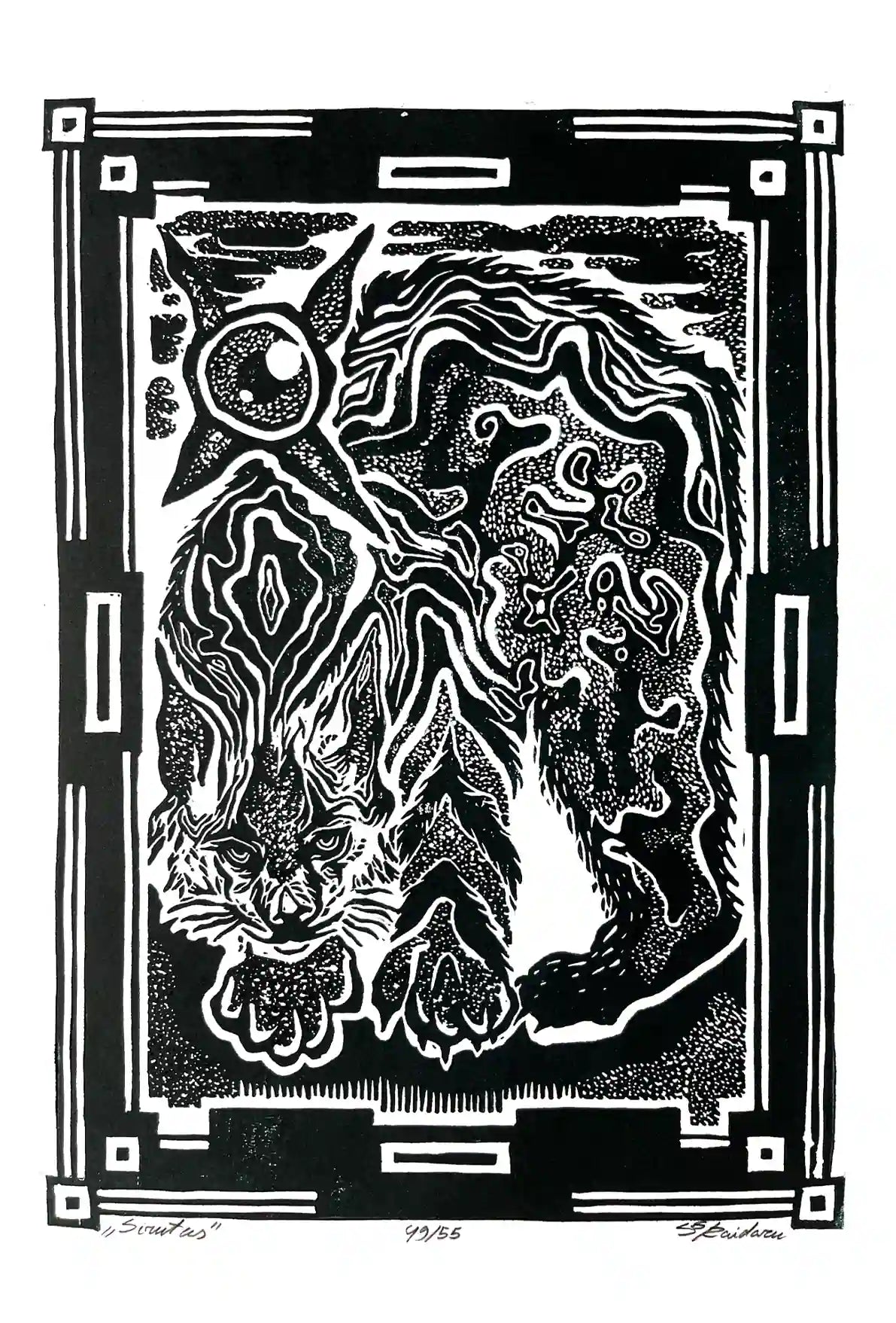 Black and white linocut print of a lynx with decorative border 