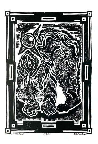 Black and white linocut print of a lynx with decorative border 