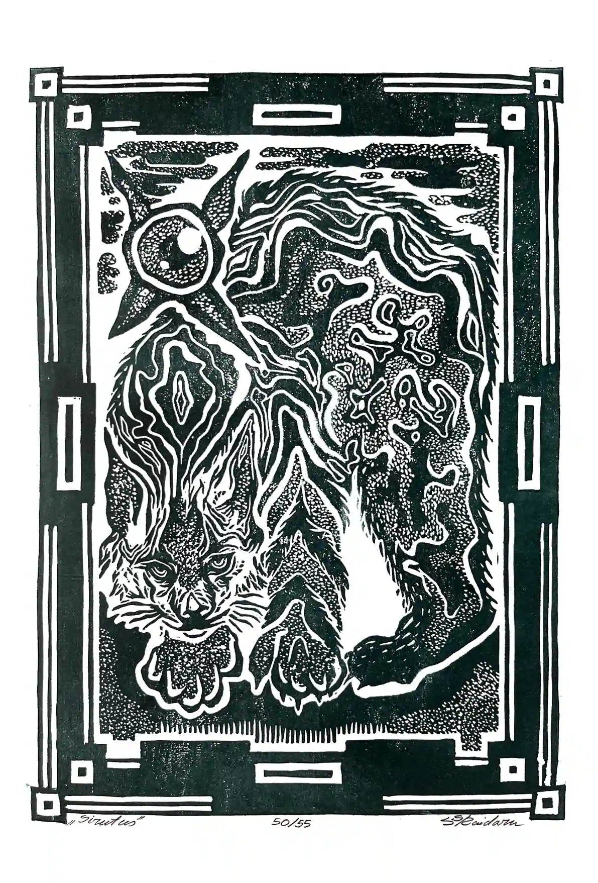 Black and white linocut print of a lynx with decorative border 