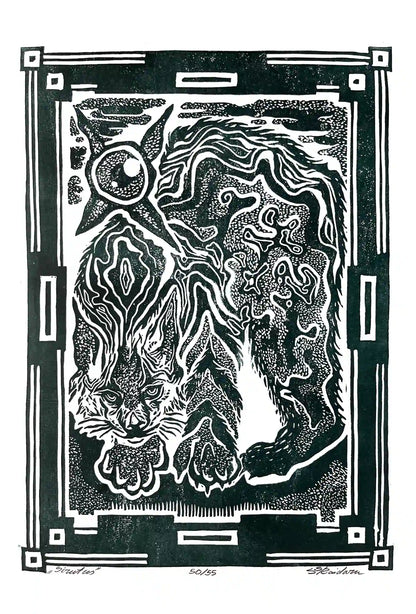 Black and white linocut print of a lynx with decorative border 