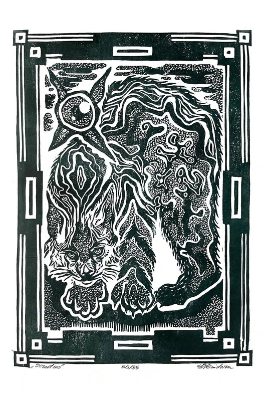 Black and white linocut print of a lynx with decorative border 