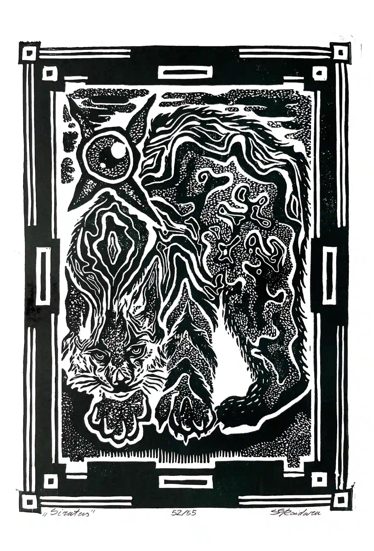 Black and white linocut print of a lynx with decorative border 