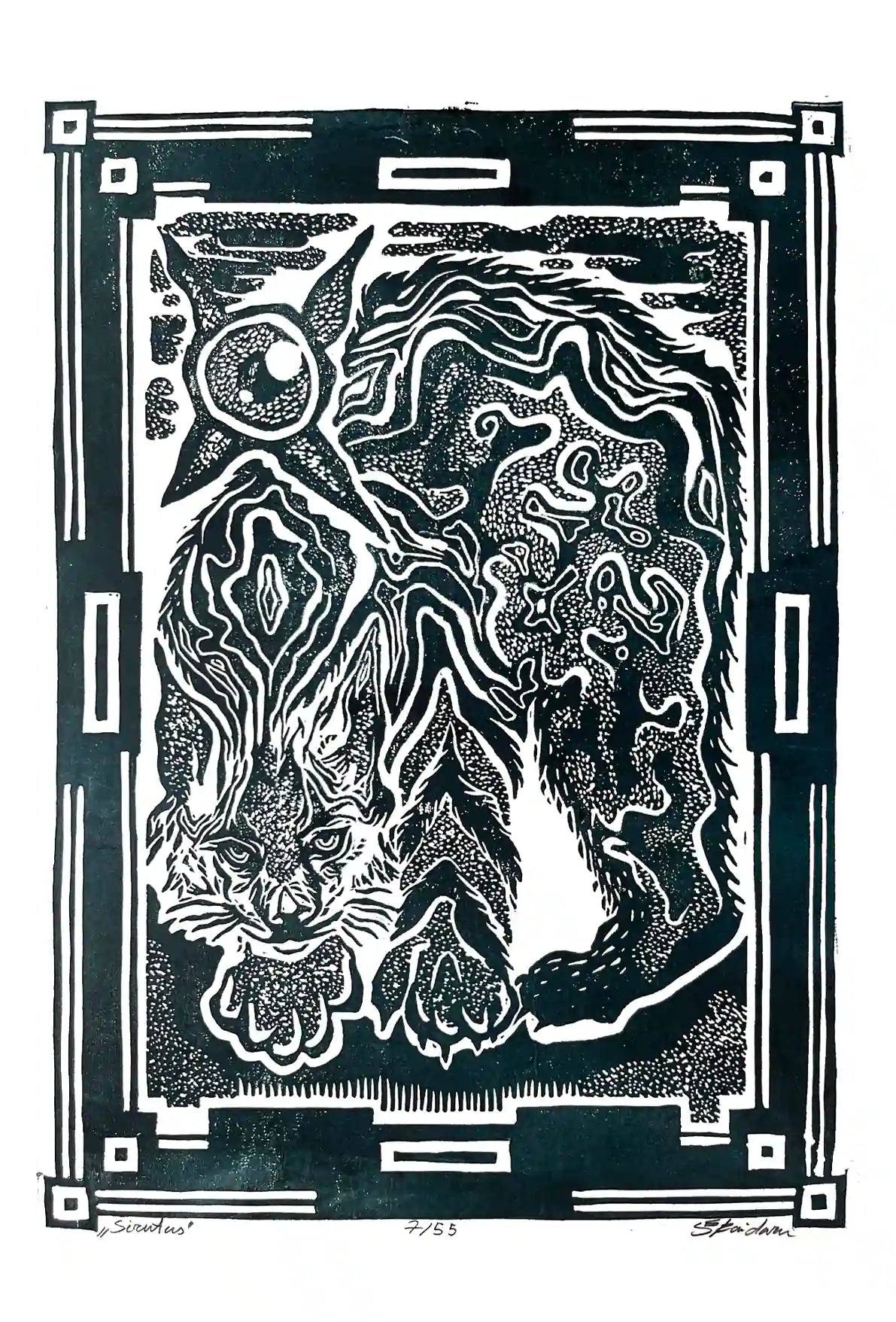 Black and white linocut print of a lynx with decorative border 