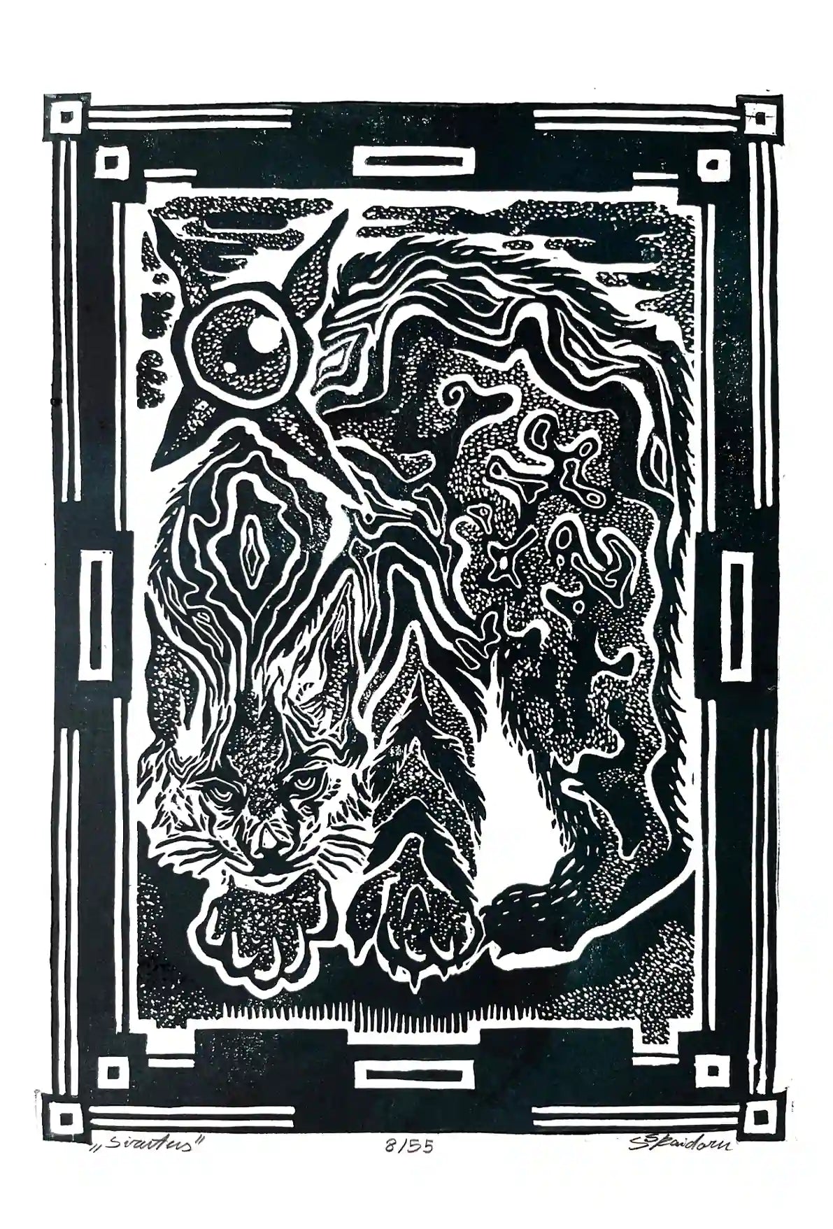 Black and white linocut print of a lynx with decorative border 