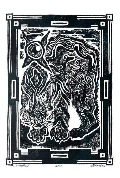 Black and white linocut print of a lynx with decorative border 