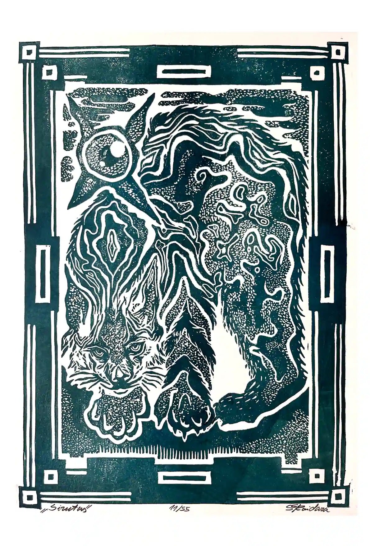 Black and white linocut print of a lynx with decorative border 
