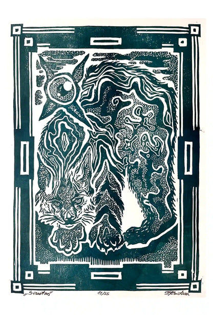 Black and white linocut print of a lynx with decorative border 