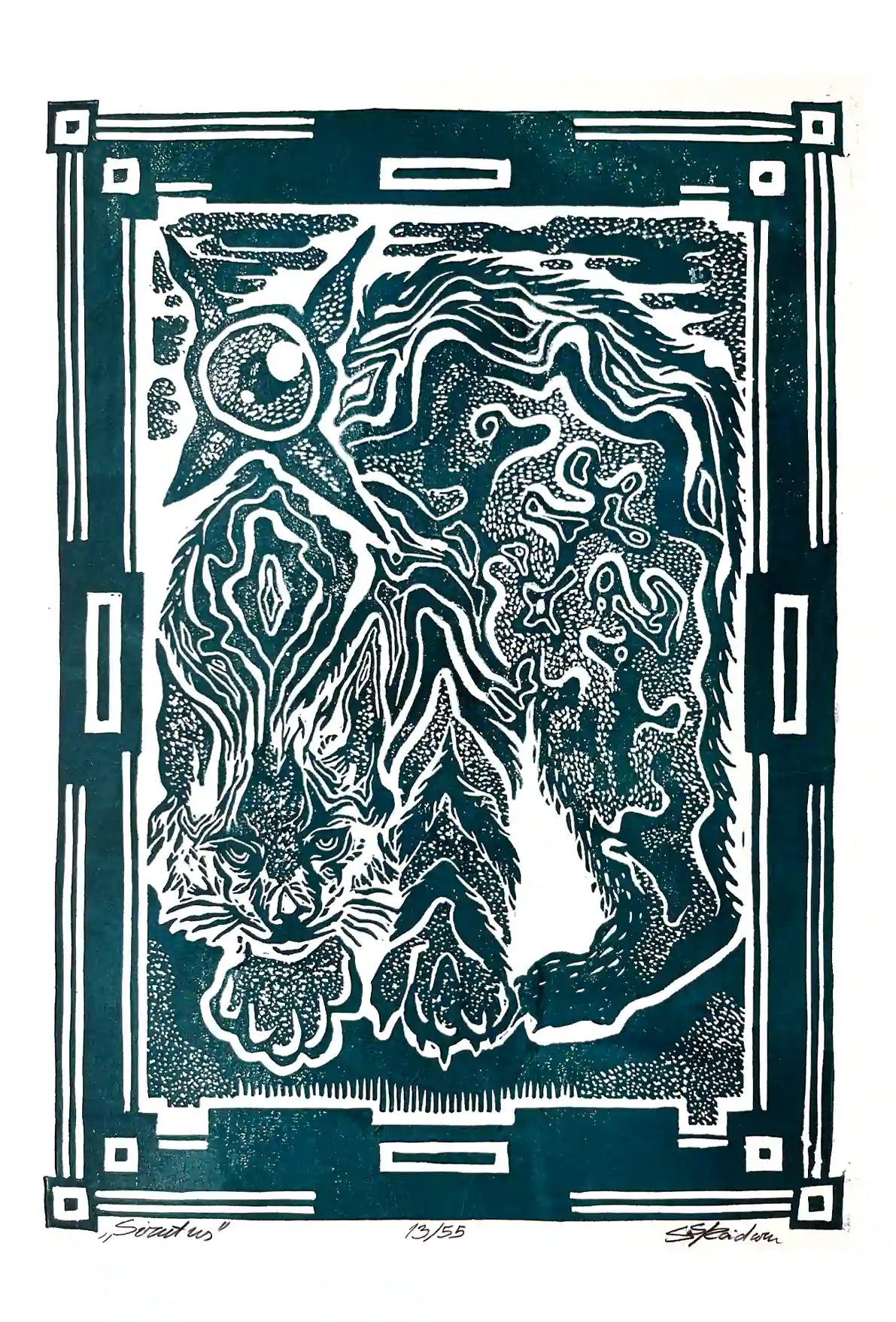 Black and white linocut print of a lynx with decorative border 