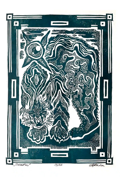 Black and white linocut print of a lynx with decorative border 