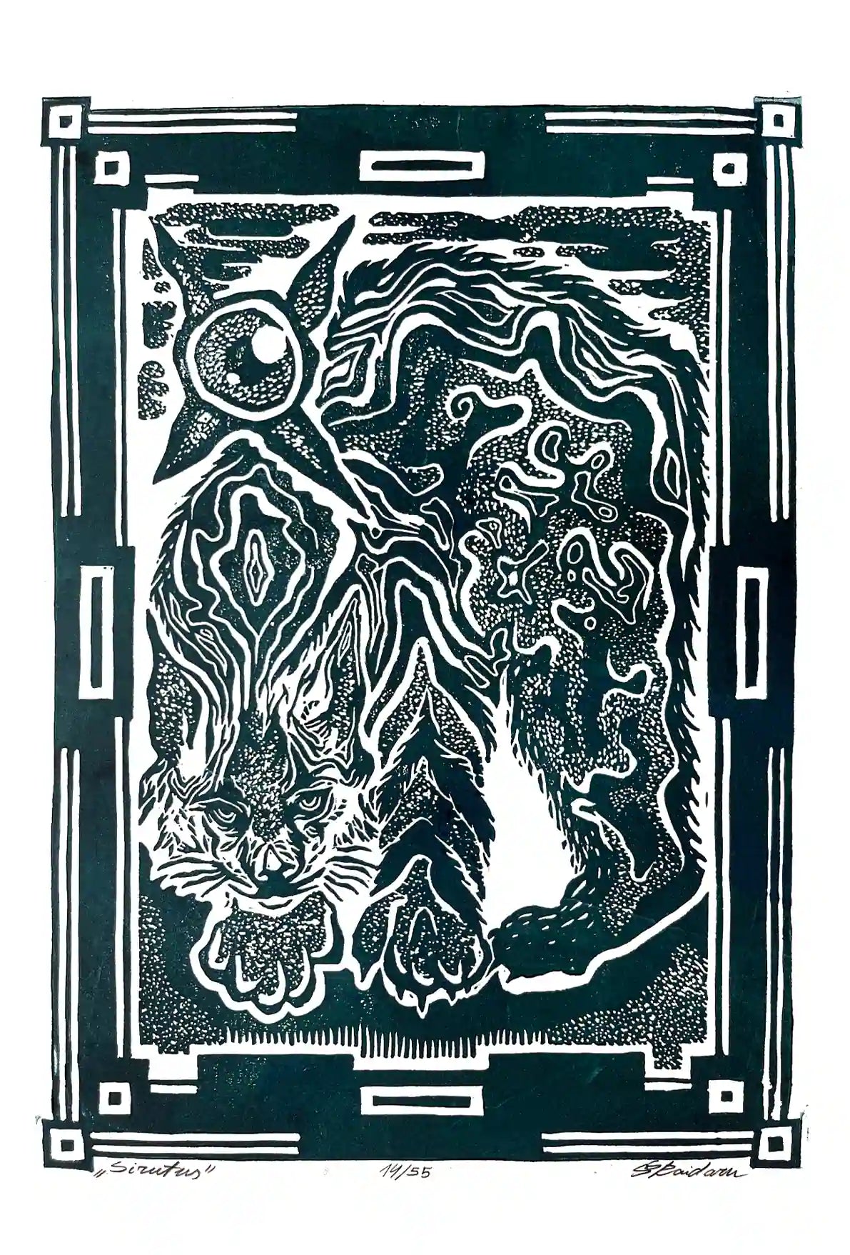 Black and white linocut print of a lynx with decorative border 
