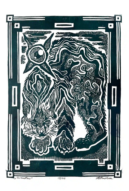 Black and white linocut print of a lynx with decorative border 