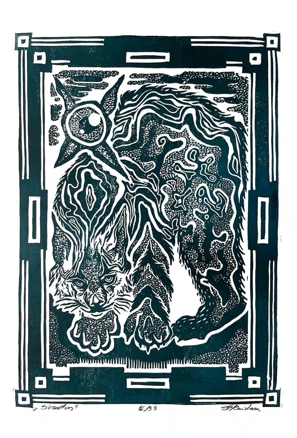 Black and white linocut print of a lynx with decorative border 