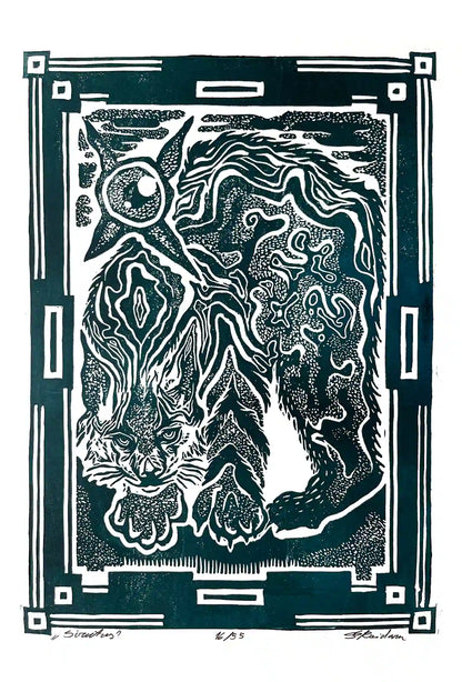 Black and white linocut print of a lynx with decorative border 