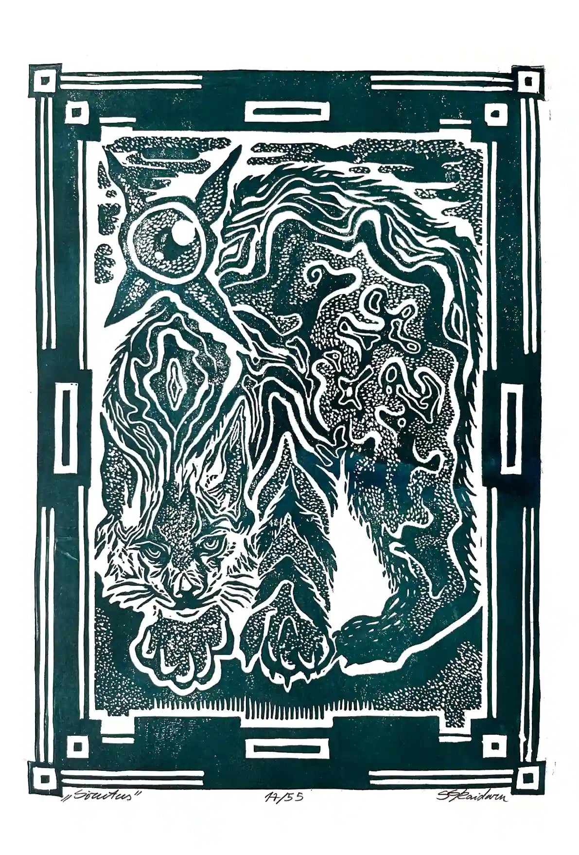 Black and white linocut print of a lynx with decorative border on green background