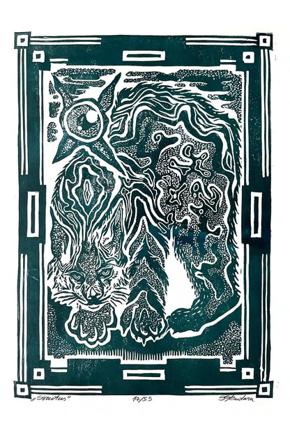 Black and white linocut print of a lynx with decorative border on green background
