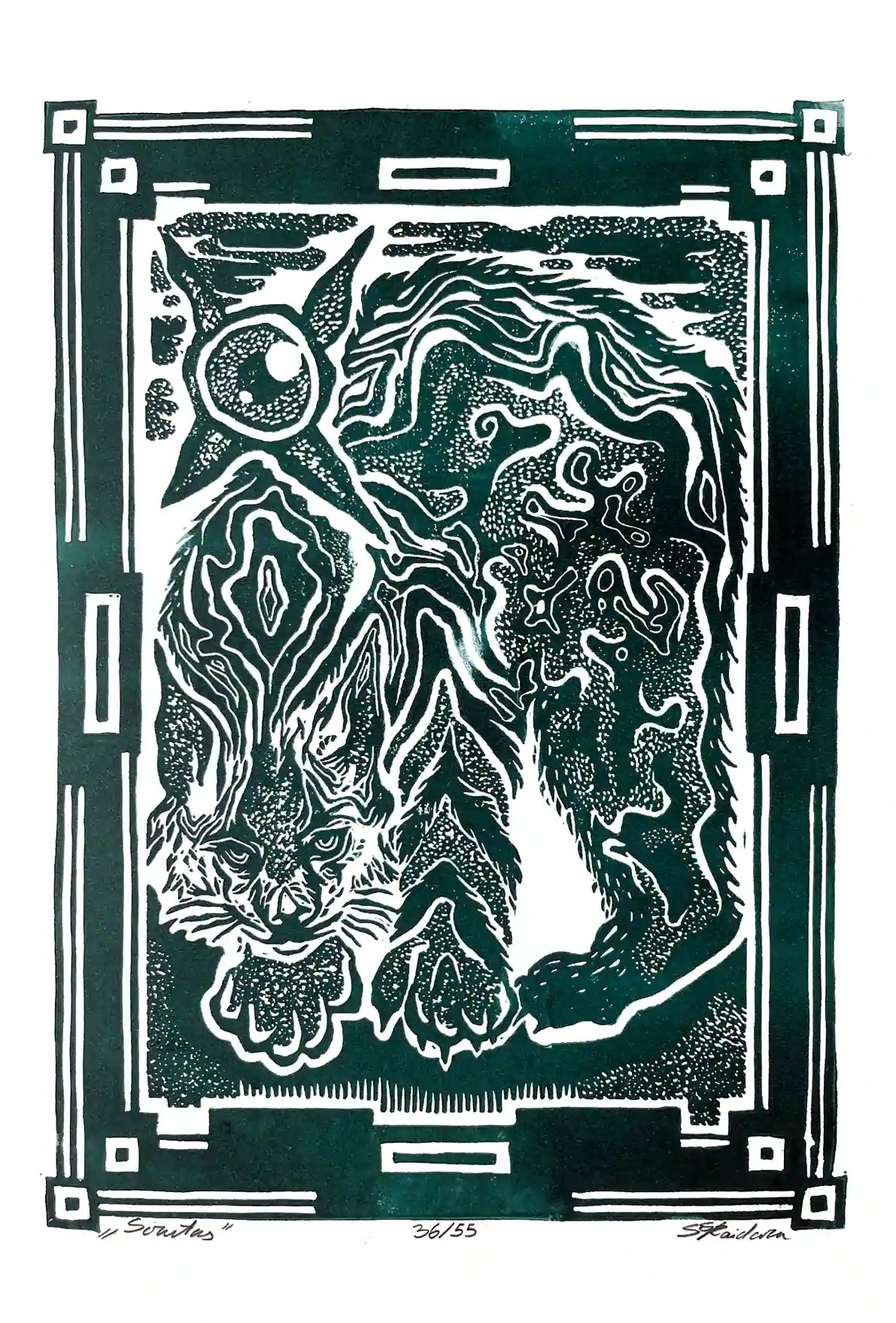 Black and white linocut print of a lynx with decorative border on green background