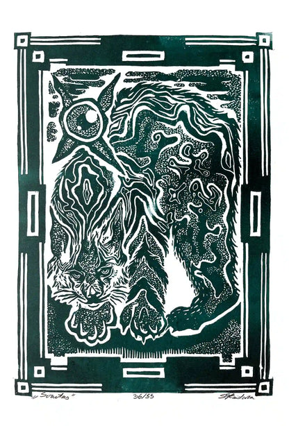 Black and white linocut print of a lynx with decorative border on green background