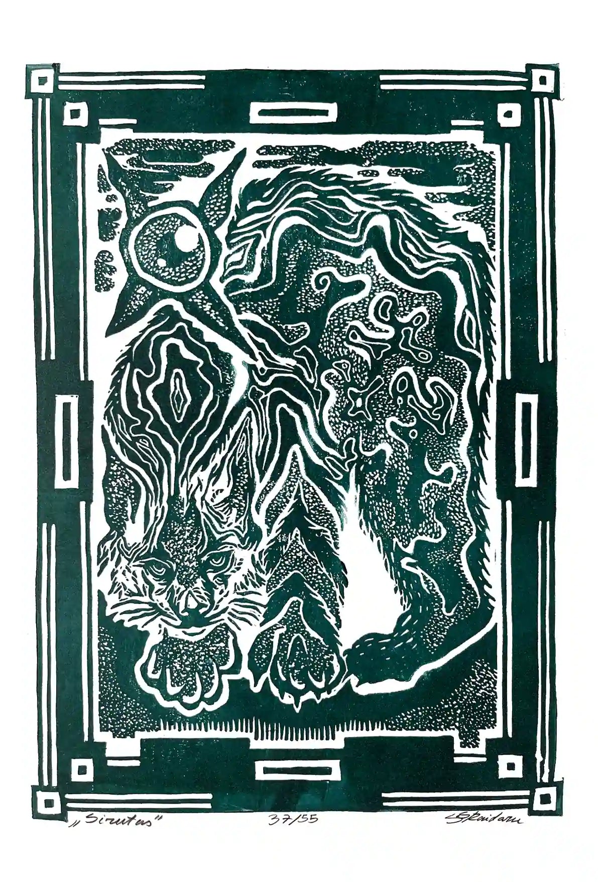 Black and white linocut print of a lynx with decorative border on green background