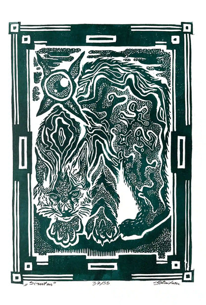 Black and white linocut print of a lynx with decorative border on green background