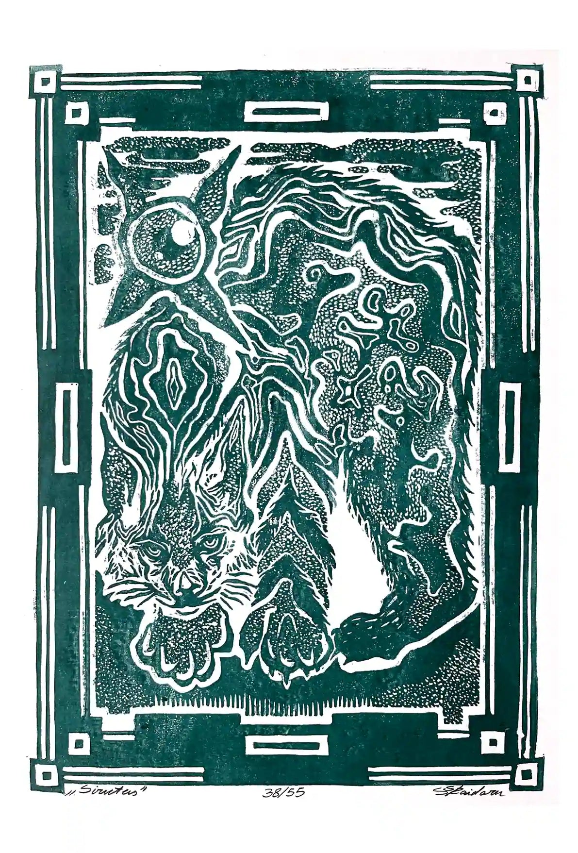 Black and white linocut print of a lynx with decorative border on green background