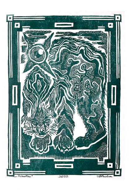 Black and white linocut print of a lynx with decorative border on green background