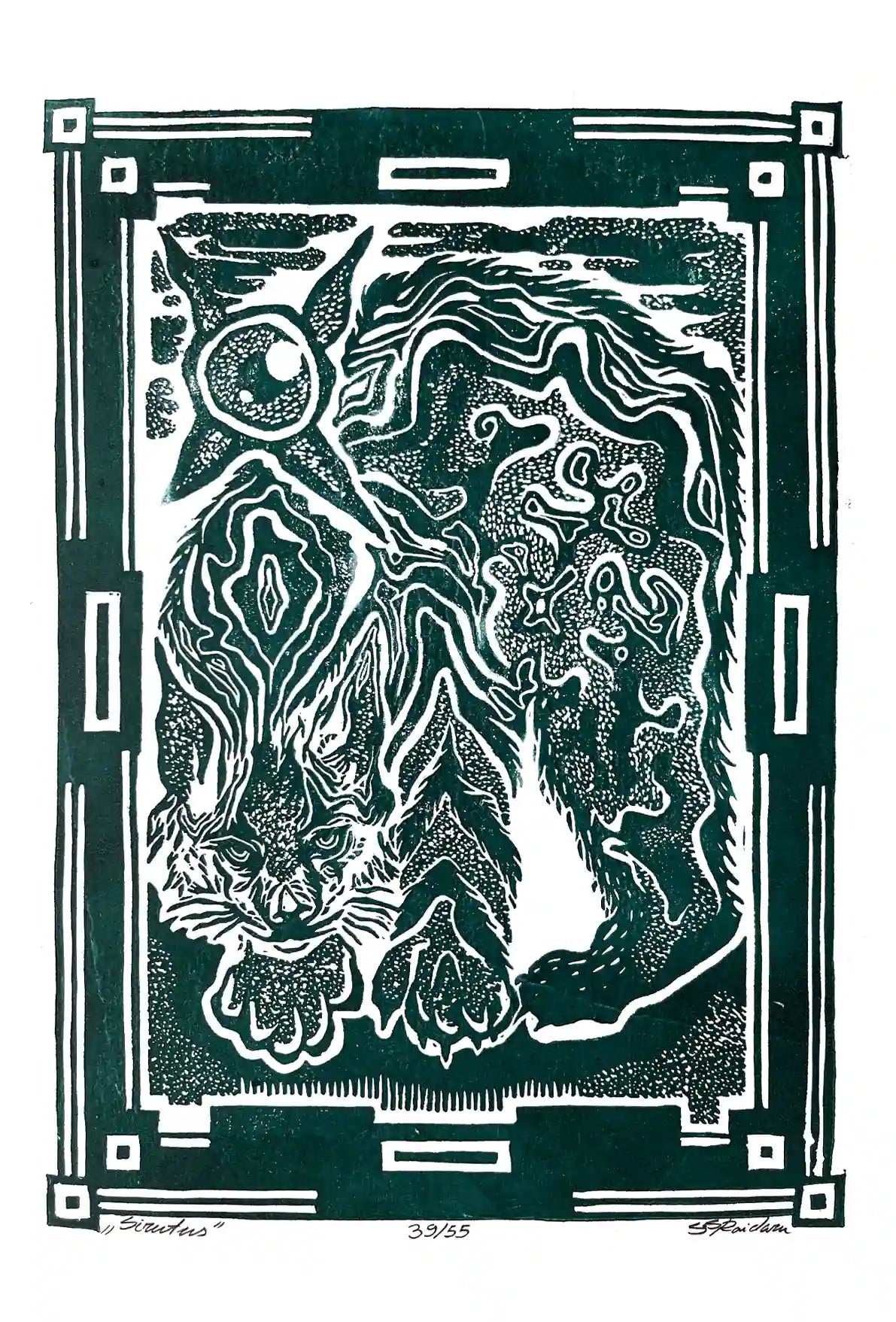 Black and white linocut print of a lynx with decorative border on green background