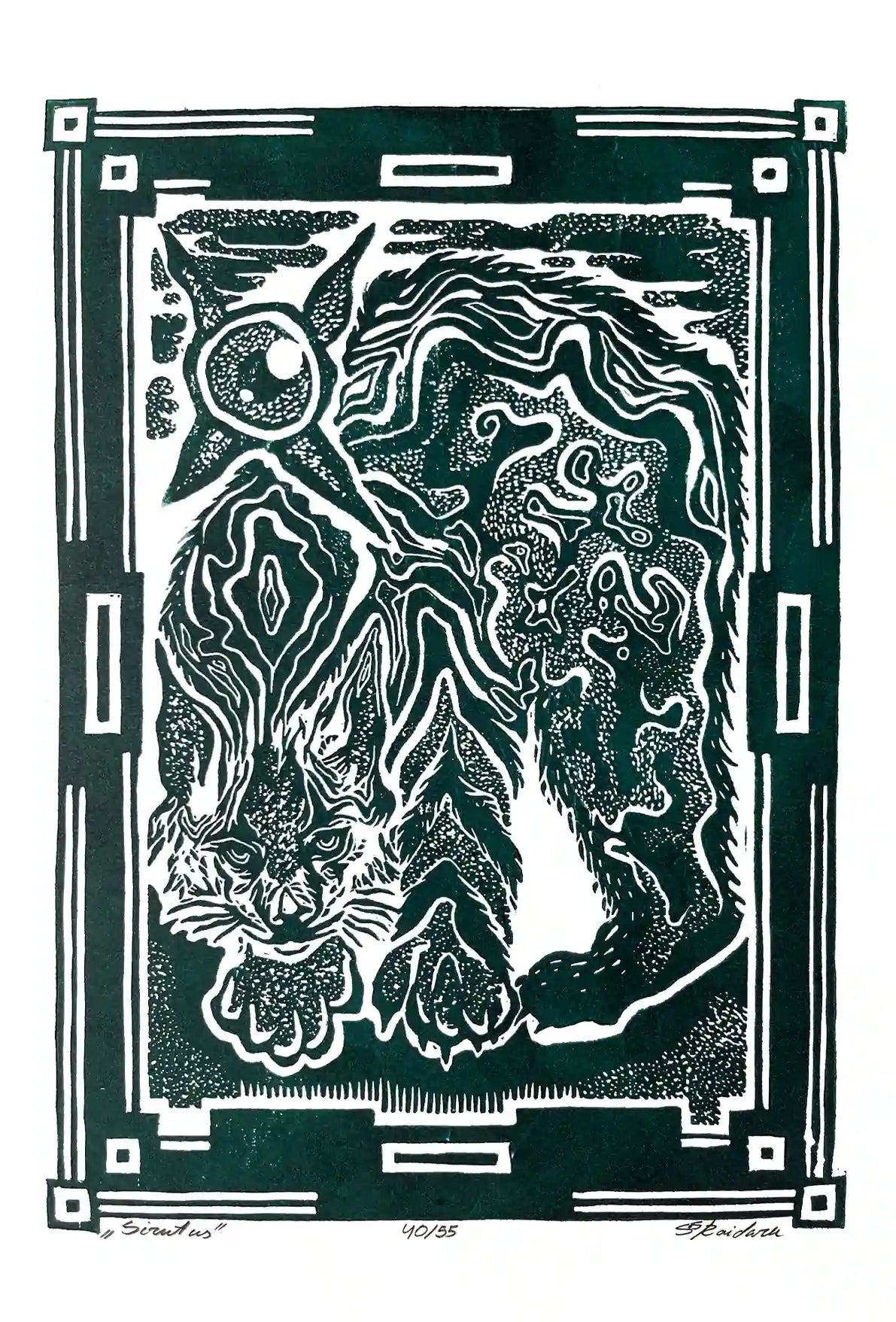 Black and white linocut print of a lynx with decorative border on green background