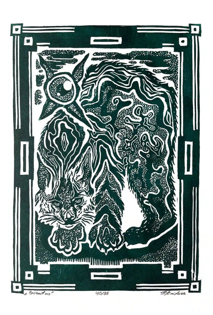 Black and white linocut print of a lynx with decorative border on green background