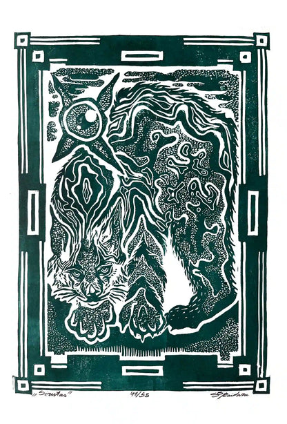 Artistic depiction of a tiger in a decorative frame on a green background