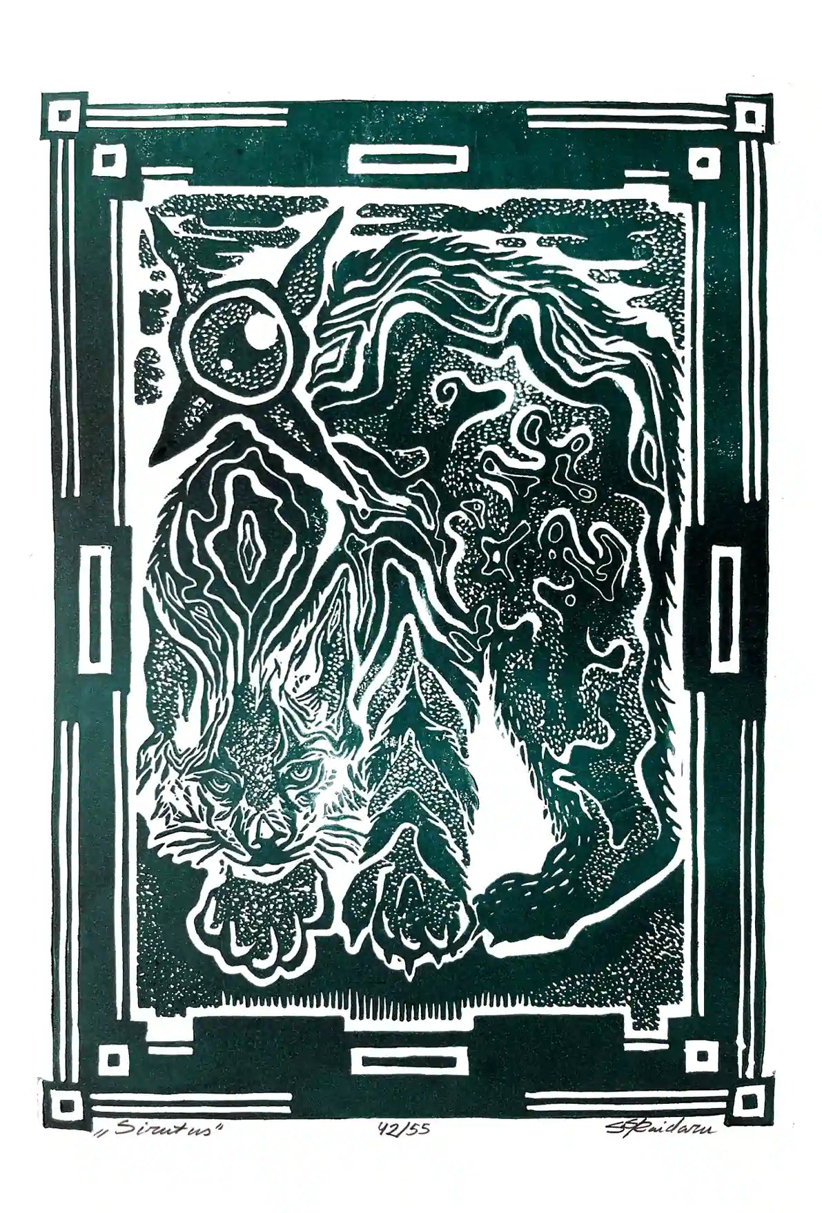 Black and white linocut print of a lynx with decorative border on green background