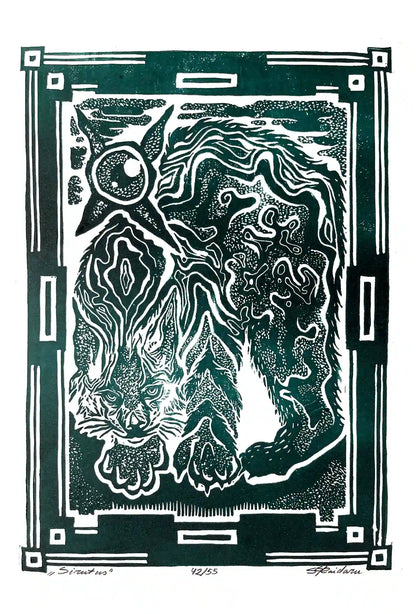 Black and white linocut print of a lynx with decorative border on green background
